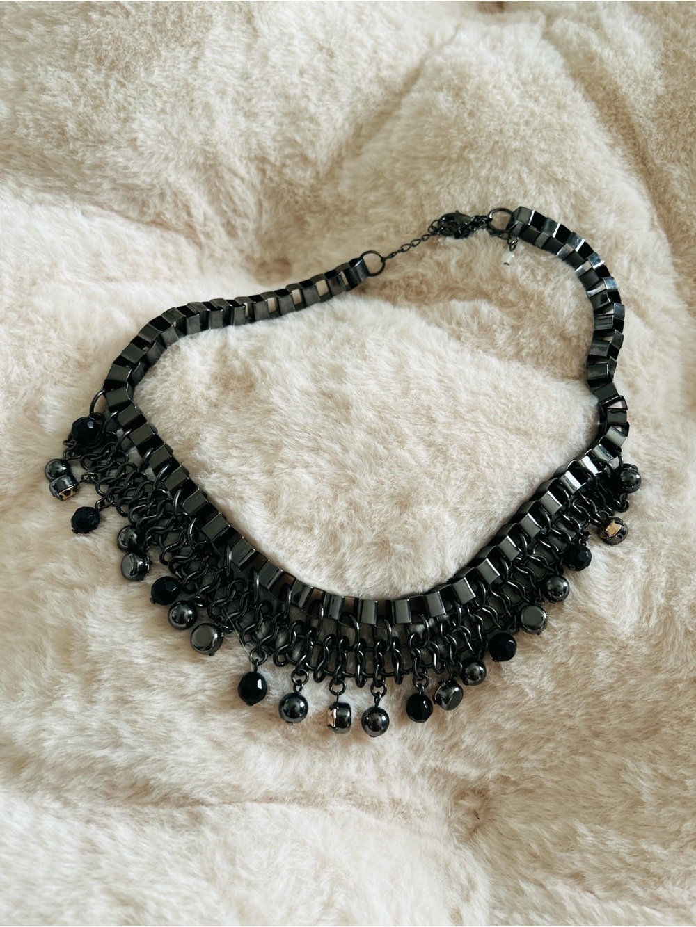 Black Gun Metal Statement Fringe Necklace